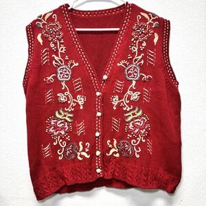 Susan Bristol Sweater Vest Large Red Embroidered Floral Holiday Cottage Cardigan
